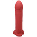 Red realistic silicone dildo with a wide base, smooth head, and subtle vein detailing.