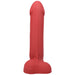 Red realistic silicone dildo with detailed texture and base, standing upright on a white background.