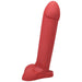 Red realistic silicone dildo with detailed texture and base, standing upright on a white background.