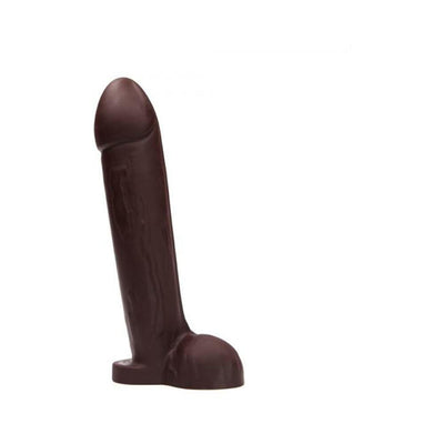 Dark brown realistic silicone dildo with a flared base and detailed texture standing upright on a white background.