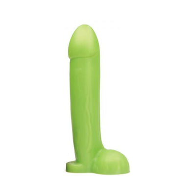 Green realistic silicone dildo with a sturdy base, standing upright on a white background.