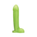 Green realistic silicone dildo with a sturdy base, standing upright on a white background.