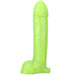 Bright green realistic silicone dildo with a sturdy base and detailed texture, standing upright on a white background.