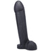 Black realistic silicone dildo with a flared base and detailed texture, standing upright on a white background.