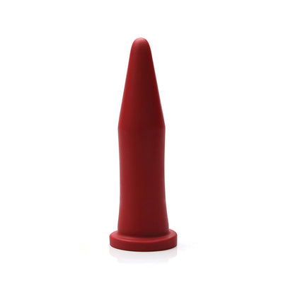 Crimson red tapered silicone inner band trainer with a flared base for safe use, standing upright on a white background.