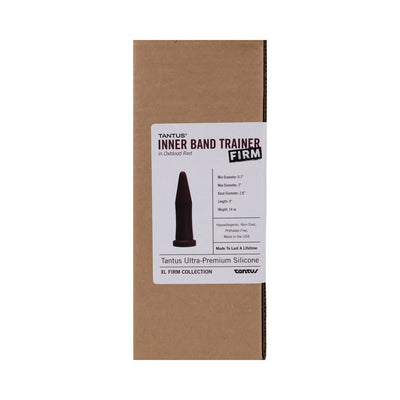 Packaging box of Tantus Inner Band Trainer Large Firm in oxblood red with product details and dimensions on label.