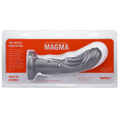 Silver Tantus Magma 7-inch fantasy dildo in clear packaging with orange and white label detailing features and medical-grade silicone.