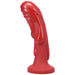 Red fantasy dildo with textured molten drip design and flared base for versatile use and temperature play.