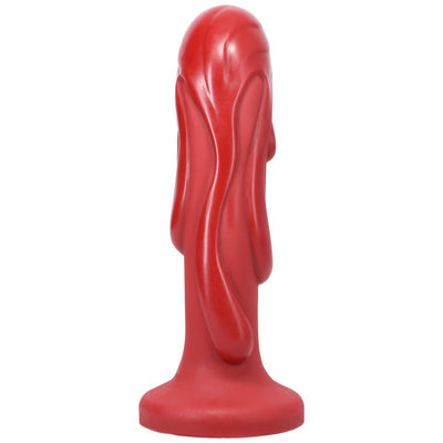 Red fantasy dildo with textured molten drip design and flared base, made from smooth silicone.