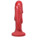 Red fantasy dildo with textured molten drip design and flared base, made from smooth silicone.