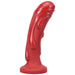 Red fantasy dildo with unique molten drip texture and curved shape on a flat base.