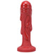 Red fantasy dildo with textured molten drip design and flared base, made from smooth silicone.