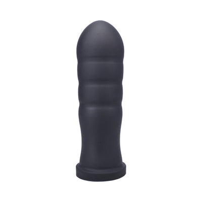 Black silicone textured adult toy with a rounded tip and ribbed shaft on a flat base.