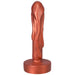Copper-colored firm silicone dildo with textured molten drip design and wide base for secure use.