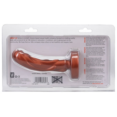 Copper-colored Mini Magma 5-inch firm silicone fantasy dildo in clear retail packaging with product information.