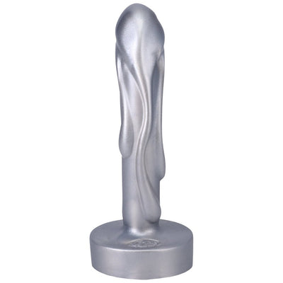 Silver Mini Magma fantasy dildo with textured molten drip design and wide base for secure use.