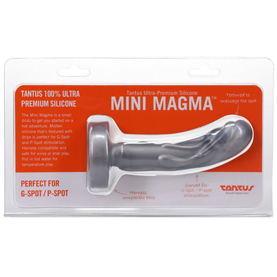 Tantus Mini Magma firm 5-inch silicone dildo in gray with textured design, curved for G-Spot and P-Spot stimulation, in clear packaging.