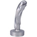 Silver 5-inch firm silicone fantasy dildo with textured molten drip design and wide base for secure use.