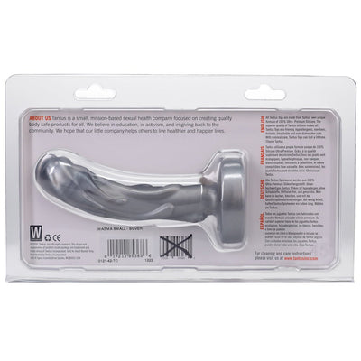 Tantus Mini Magma 5-inch firm silver fantasy dildo in clear retail packaging with product information.