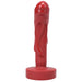 Compact crimson silicone dildo with textured molten drip design and flared base for safe, versatile use.