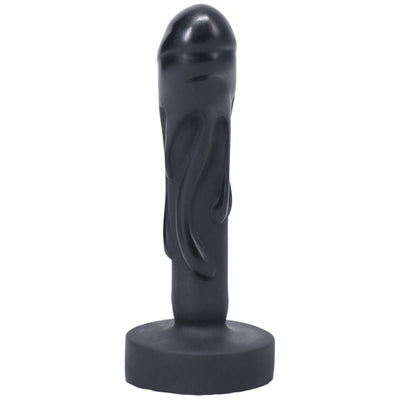 Compact black silicone dildo with textured drips design and flared base for versatile use.