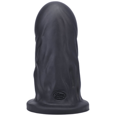 Black firm silicone dildo with textured surface and flared base, standing upright on a white background.