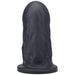 Black firm silicone dildo with textured surface and flared base, standing upright on a white background.