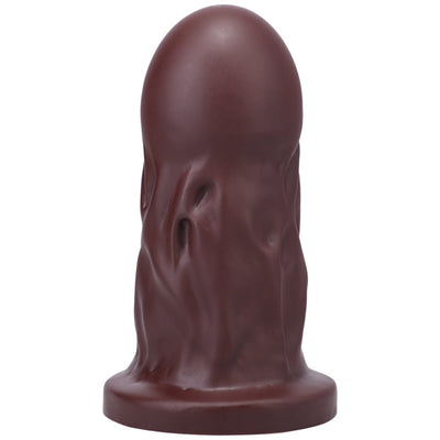 Dark brown firm silicone dildo with a wide base and textured surface, designed for advanced users.