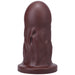 Dark brown firm silicone dildo with a wide base and textured surface, designed for advanced users.