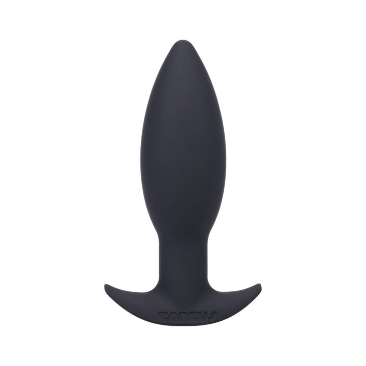 Black tapered silicone anal plug with curved base for comfort and safety, designed for beginners.