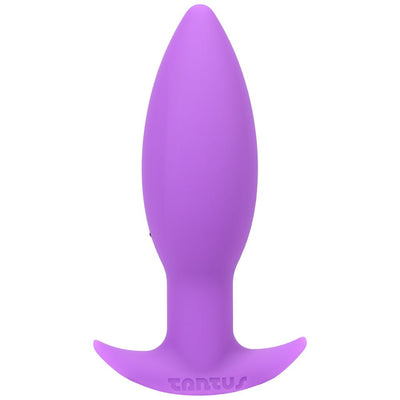 Purple silicone Tantus Neo anal plug with ergonomic base on white background.