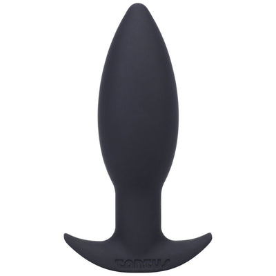 Black silicone tapered anal plug with flared base designed for beginner comfort and safety.