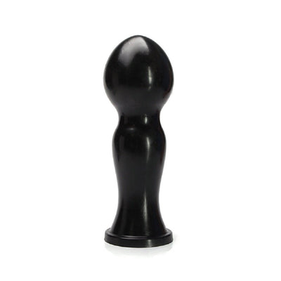 Black dual-bulb large silicone toy with tapered shaft and flared base for secure use.