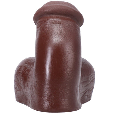 Realistic espresso-colored silicone packer with textured shaft and testicles, designed for comfort and durability.