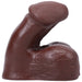 Side view of a dark brown silicone packer with realistic texture and curved shape for comfortable wear.