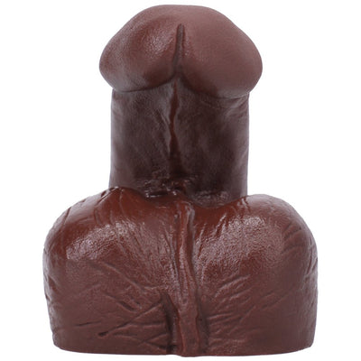 Realistic espresso-colored silicone packer with detailed texture and lifelike shape for comfortable everyday wear.