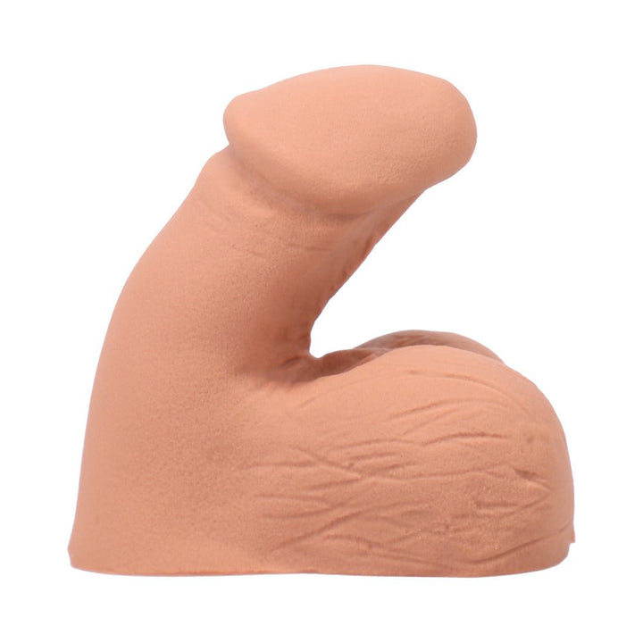 Realistic flesh-toned silicone packer with textured testicles and curved shaft for a natural look and feel.