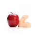Red apple next to a small, flesh-toned silicone packer with realistic shape and texture on a white background.