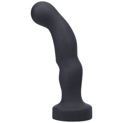 Black curved silicone prostate massager with ergonomic grip and rounded tip for targeted stimulation.