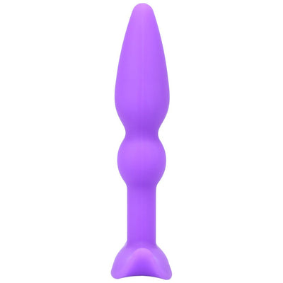 Purple silicone anal plug with tapered tip, slender neck, and flared base for comfortable and secure wear.
