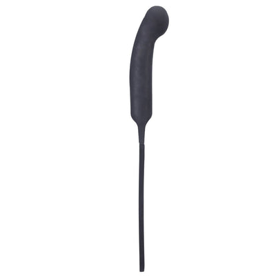 Black silicone Tantus Plunge Paddle with a bulbous insertable head and a long, slender paddle handle.