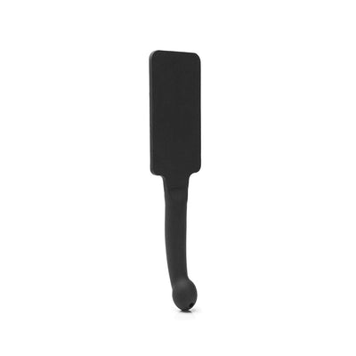 Black silicone paddle with a bulbous insertable handle, designed for versatile intimate play.