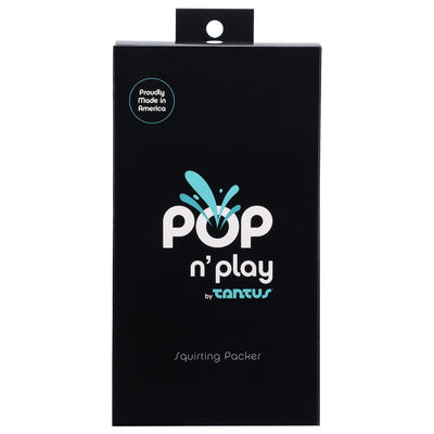 Black retail box packaging for Tantus Pop 'n' Play squirting packer with blue and white logo and text, made in America badge.