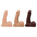 Three Tantus Pop 'n' Play Squirting Packers in light, medium, and dark skin tones displayed side by side on a white background.