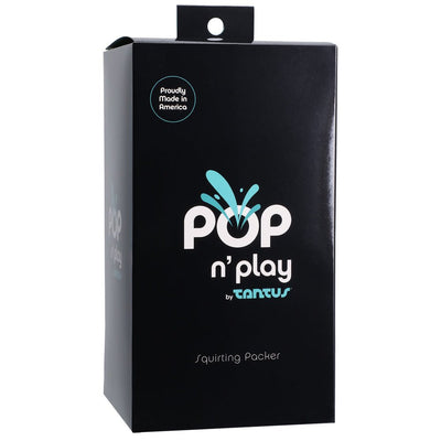 Black retail box packaging for Tantus Pop 'n' Play Squirting Packer with blue and white logo and product name.