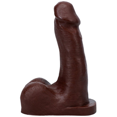 Dark brown realistic silicone packer with detailed texture and a flat base for harness compatibility.