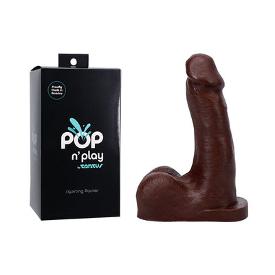 Dark brown silicone packer with realistic texture and packaging box labeled Pop n' Play by Tantus.