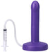 Purple slim silicone squirting dildo with attached clear tube and syringe for fluid release.
