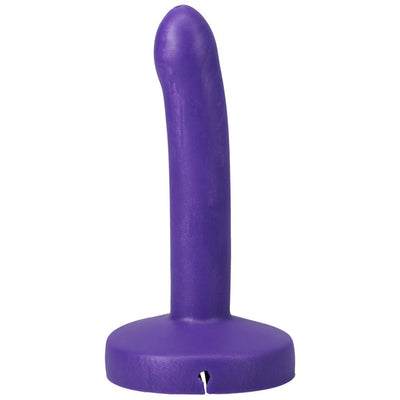 Purple slim silicone squirting dildo with a rounded tip and flat base designed for strap-on use.