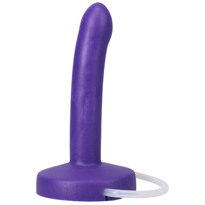 Purple slim silicone squirting dildo with a flat base and attached clear tubing.